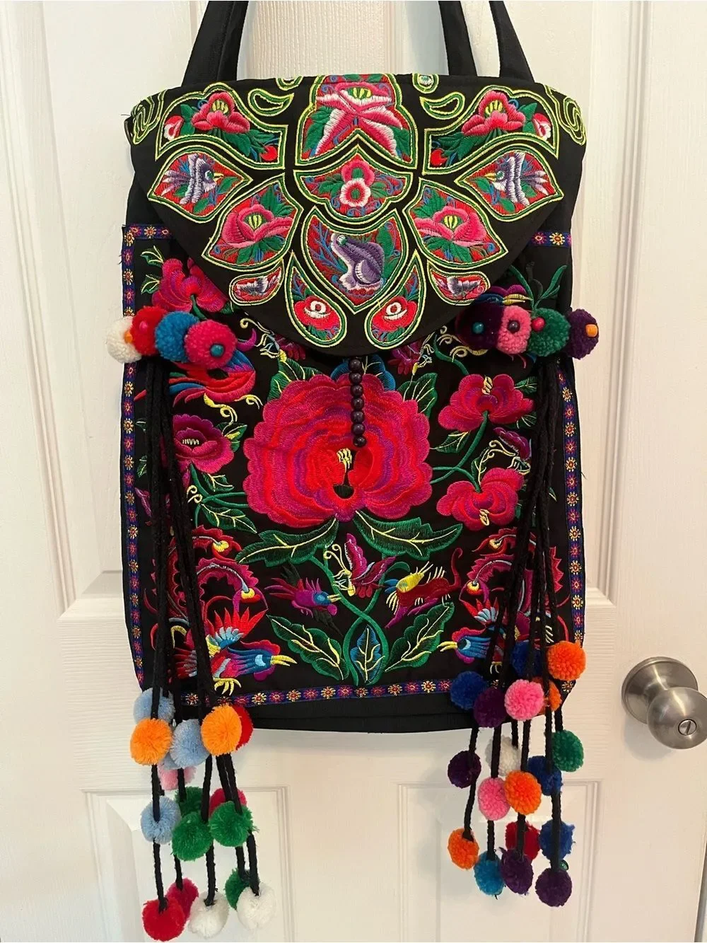 Boho Embroidered Floral & Bird Convertible Tote Backpack w/Pom Pom Tassels NWOT